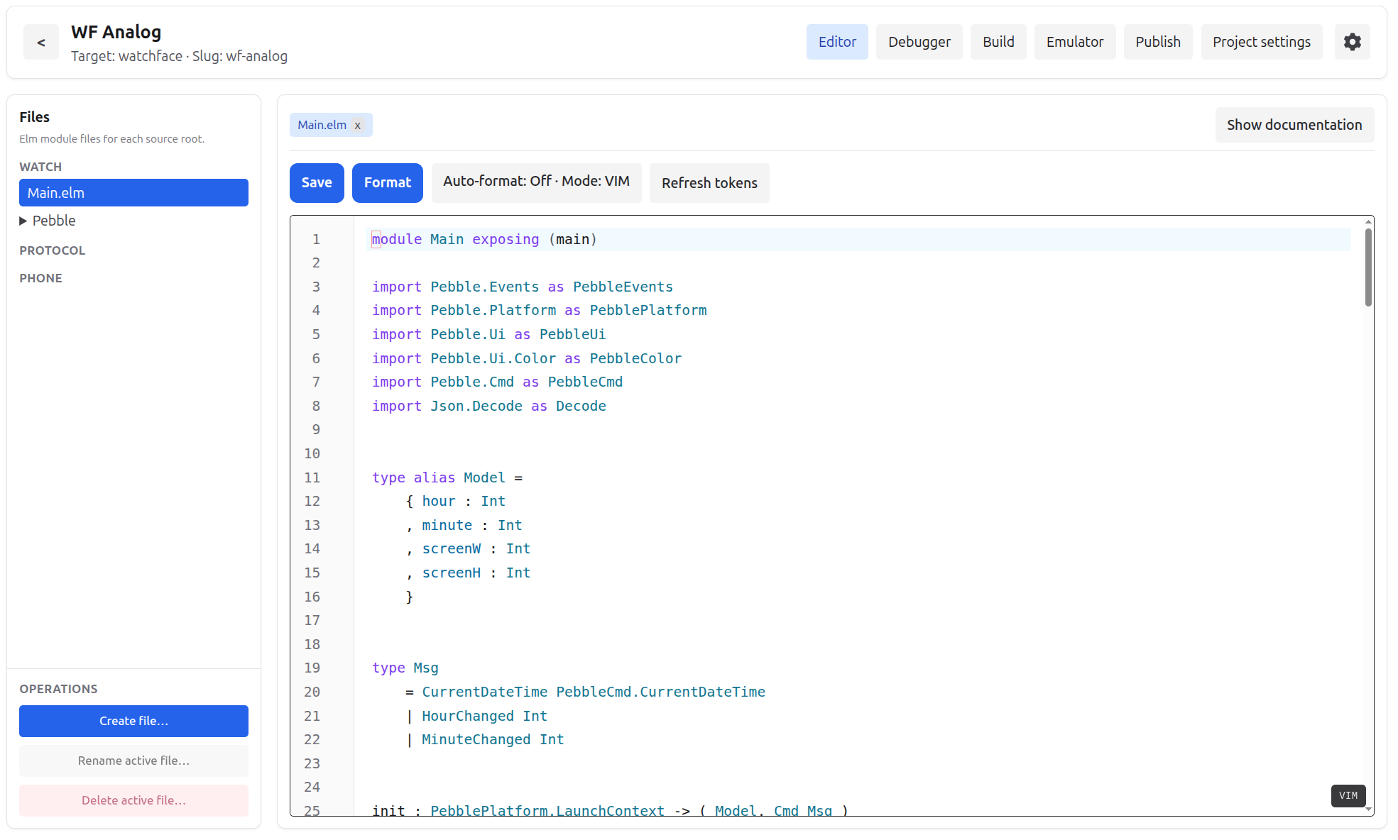 Elm Pebble IDE editor